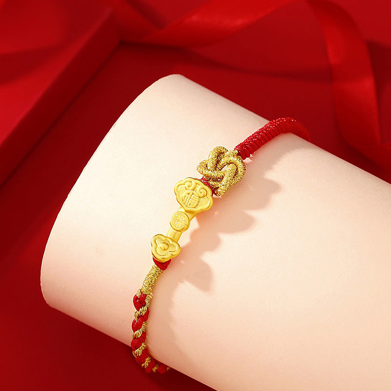 Fortune Jewel 999 Sterling Silver Ruyi Handle Fu Character Fortune Luck Rope Bracelet