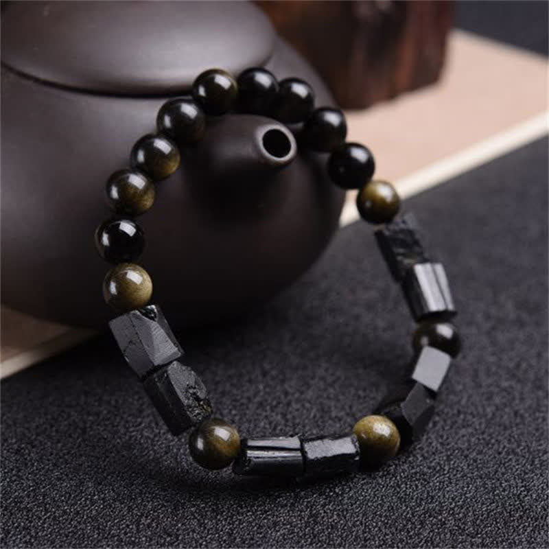 Fortune Jewel Gold Sheen Obsidian Black Tourmaline Wealth Bracelet