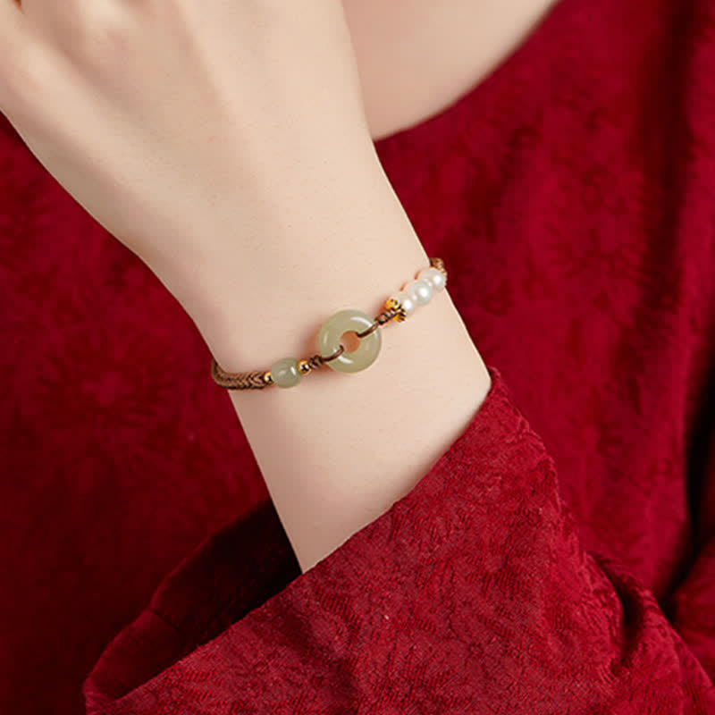 Fortune Jewel Natural Hetian Jade Pearl Peace Buckle Luck Bracelet