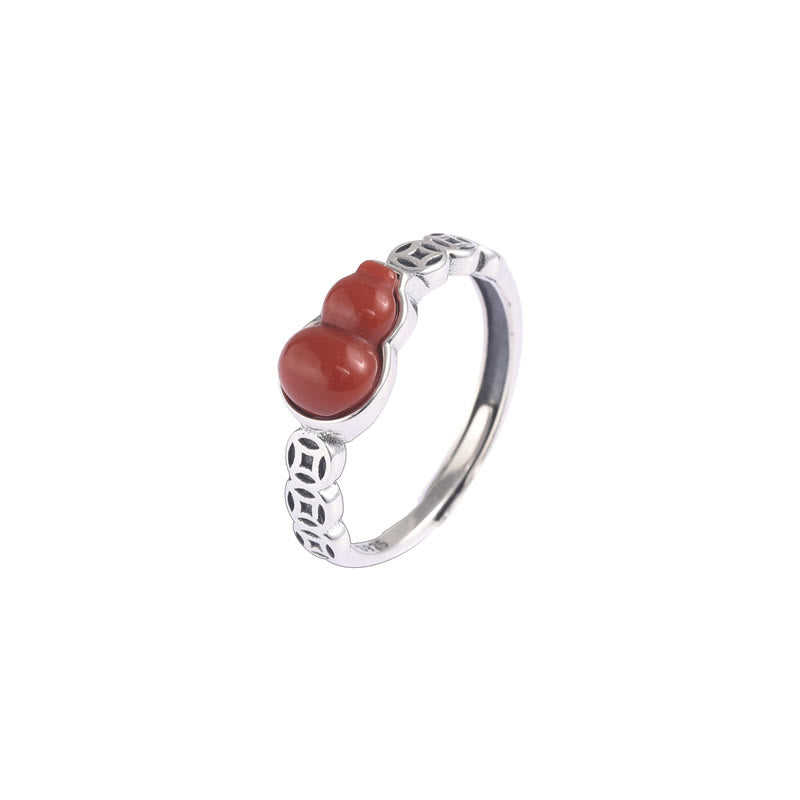 Fortune Jewel 925 Sterling Silver Red Agate Gourd Copper Coin Self-acceptance Ring