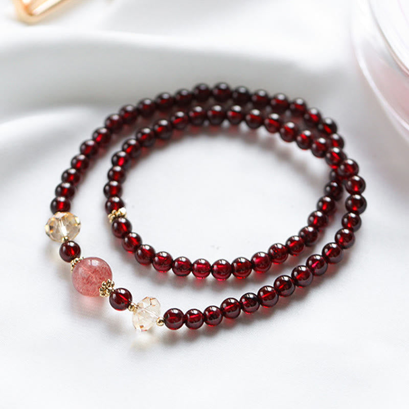 Fortune Jewel 14K Gold Plated Natural Garnet Strawberry Quartz Stability Double Wrap Bracelet