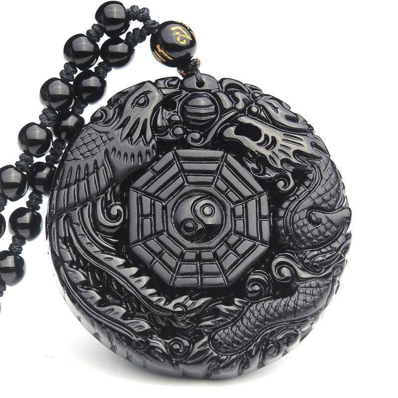 Fortune Jewel Bagua Dragon Phoenix Obsidian Fulfilment Pendant Necklace