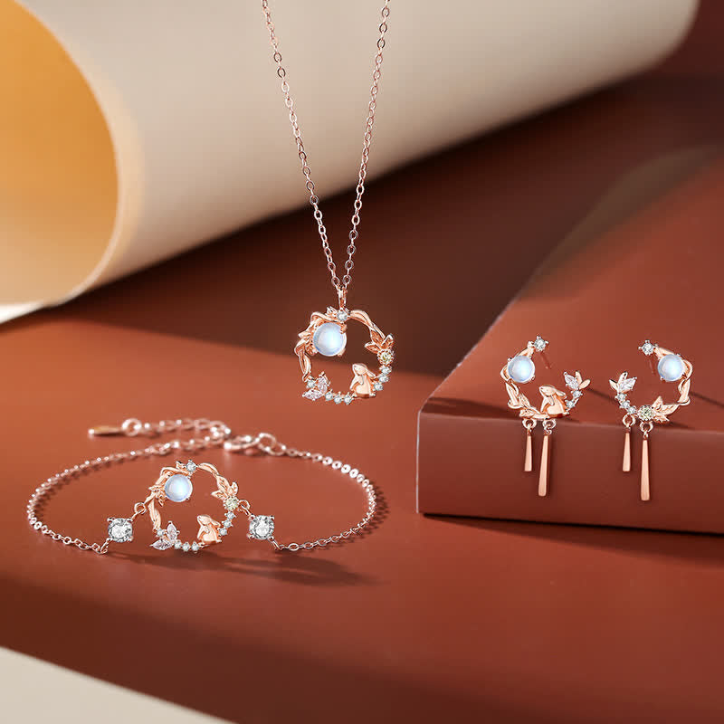 Fortune Jewel 925 Sterling Silver Year of the Rabbit Moonstone Moon Flower Pattern Necklace Pendant Bracelet Earrings