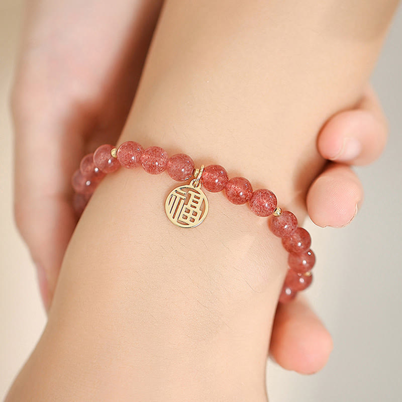 Fortune Jewel 14K Gold Plated Strawberry Quartz Fu Character Healing Charm Bracelet