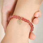 Fortune Jewel 14K Gold Plated Strawberry Quartz Fu Character Healing Charm Bracelet
