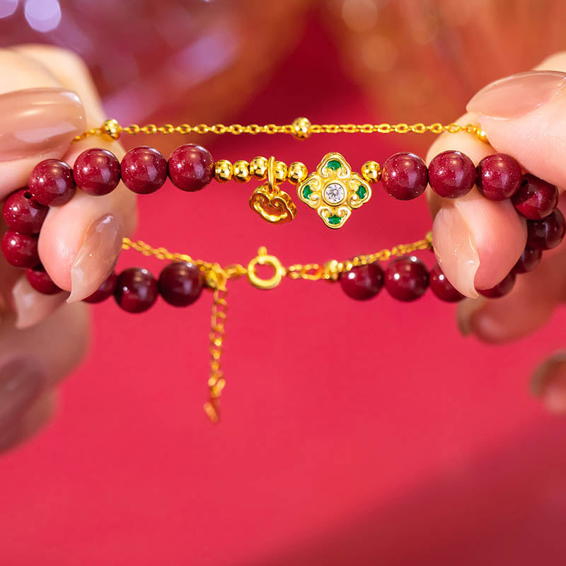 Fortune Jewel 925 Sterling Silver Natural Cinnabar Four Leaf Clover Flower Blessing Chain Bracelet