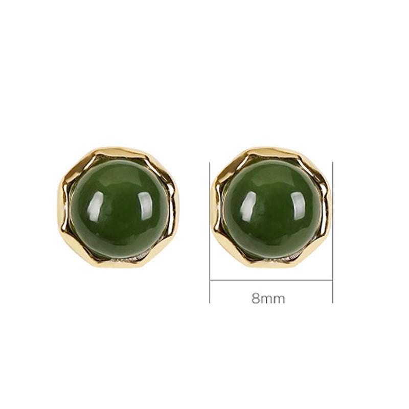 Fortune Jewel 925 Sterling Silver Plated Gold Natural Hetian Cyan Jade Bead Luck Stud Earrings