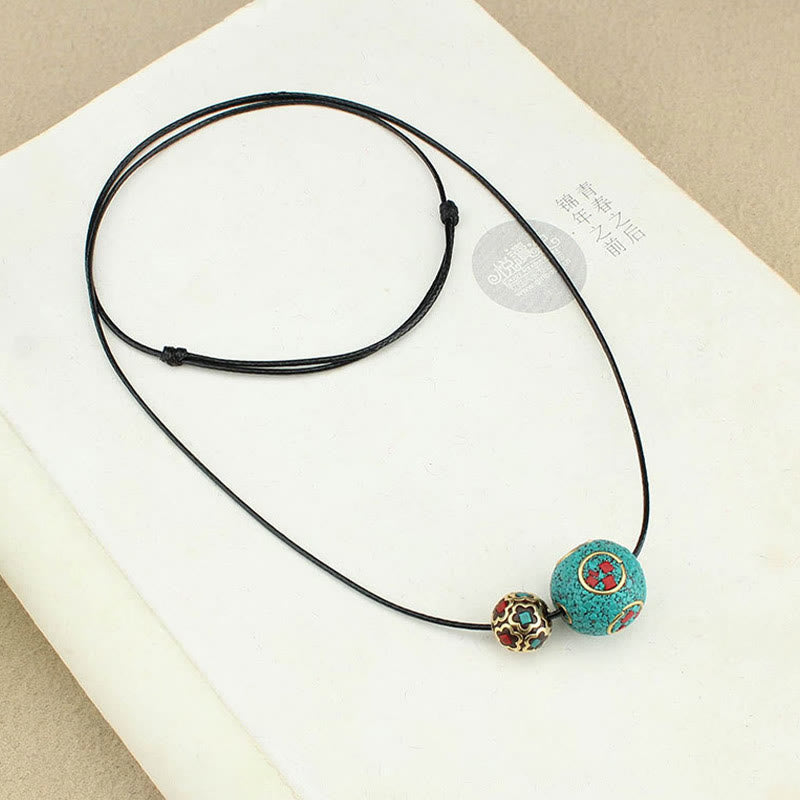 Fortune Jewel Tibetan Turquoise Double Bead Protection Strength Necklace Pendant