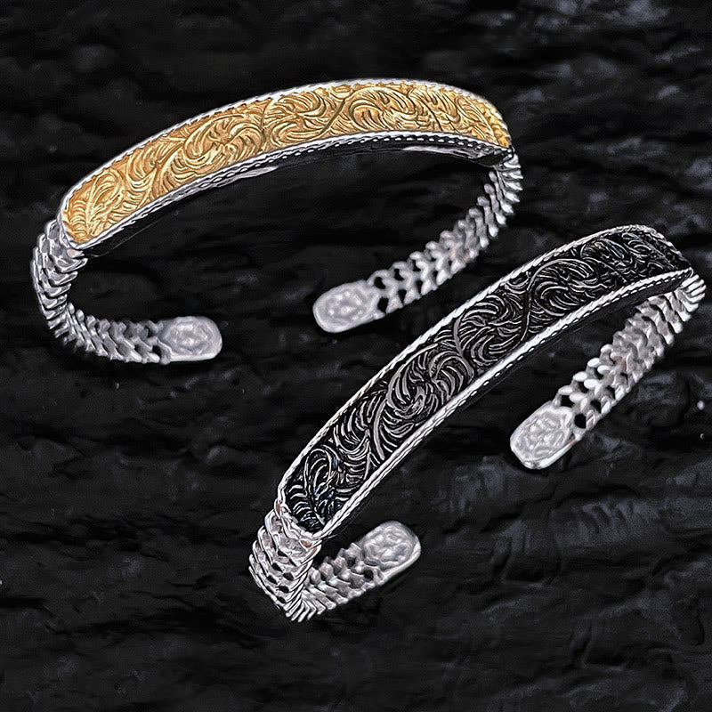 Fortune Jewel Tang Dynasty Flower Design Engraved Copper Luck Cuff Bracelet Bangle Adjustable Ring