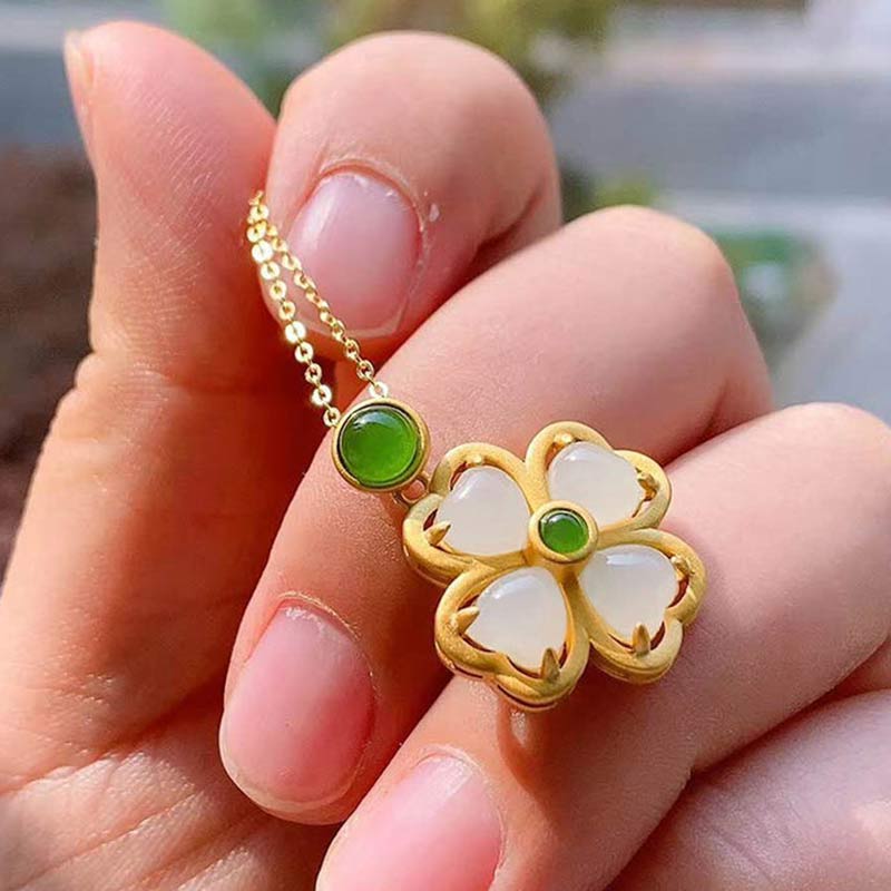 Fortune Jewel 925 Sterling Silver Lucky Four Leaf Clover Jade Prosperity Necklace Chain Pendant