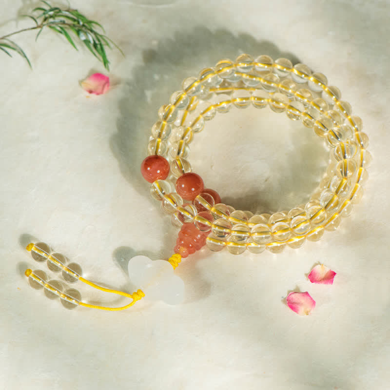 Fortune Jewel 108 Mala Beads 925 Sterling Silver Natural Citrine Red Agate White Jade Prosperity Charm Bracelet