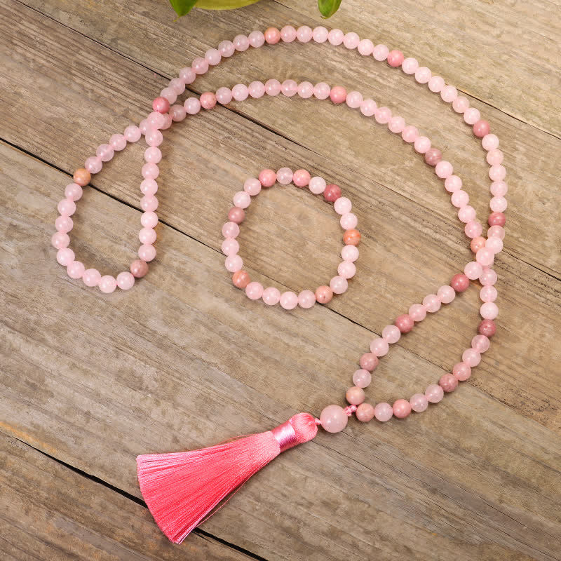 Fortune Jewel 108 Mala Beads Pink Crystal Love Tassel Bracelet
