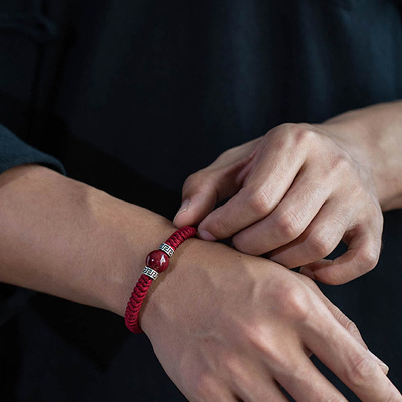 Fortune Jewel 925 Sterling Silver Natural Cinnabar Bead Calm Handmade Braided String Bracelet