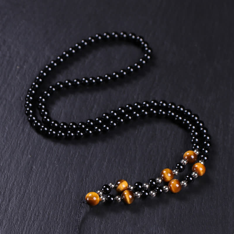 Fortune Jewel Bagua Yin Yang Black Obsidian Purification Beaded Necklace Pendant