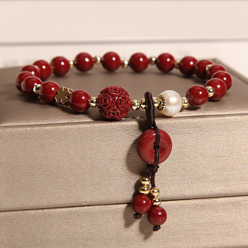 Fortune Jewel Natural Cinnabar Peace Buckle Copper Coin Charm Blessing Bracelet