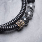 Buddha Stones Black Rutilated Quartz Ebony Wood Copper Wisdom Couple Bracelet