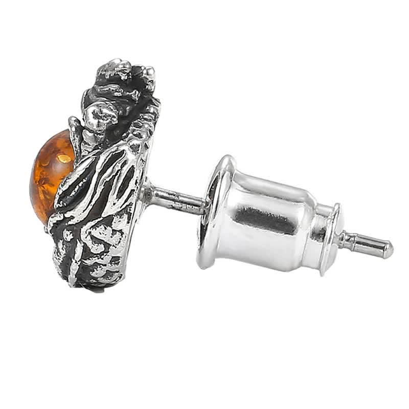 Fortune Jewel 925 Sterling Silver Natural Amber Dragon Success Protection Stud Earring