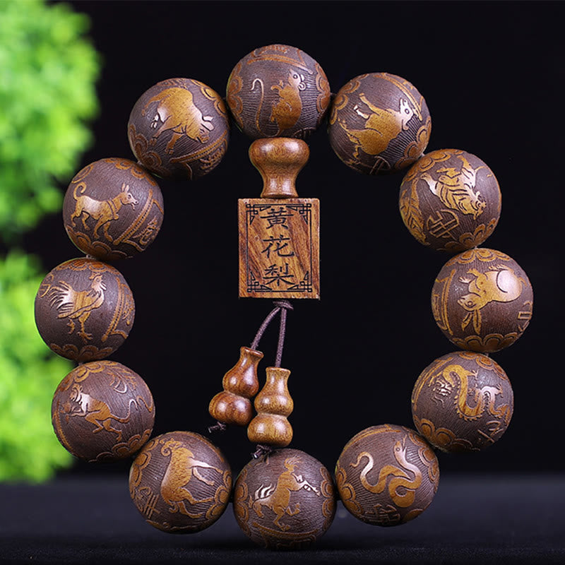 Fortune Jewel Chinese Zodiac Rosewood Ebony Copper Coin PiXiu Carved Warmth Bracelet