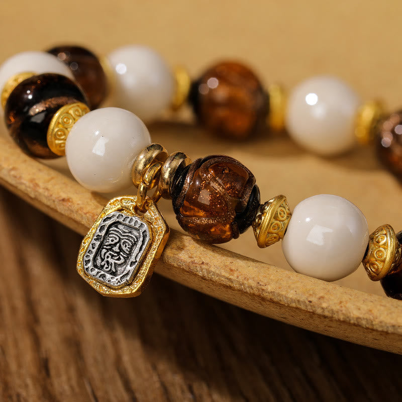 Fortune Jewel Tibetan Zakiram Goddess of Wealth Charm Liuli Glass Incense Ash Porcelain Bead Protection Bracelet