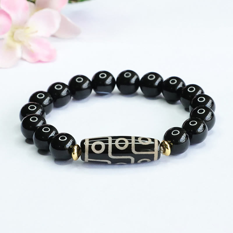 Fortune Jewel Tibetan Nine-Eye Dzi Bead Black Onyx Power Bracelet