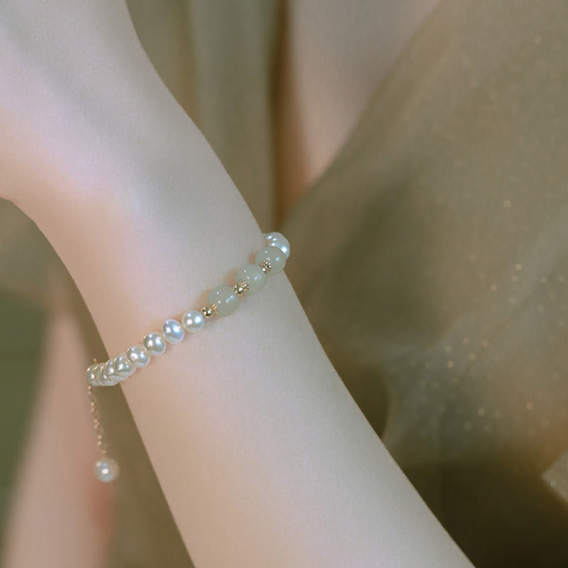 Fortune Jewel 14K Gold Plated Natural Pearl Hetian Cyan Jade White Jade Sincerity Bead Chain Bracelet