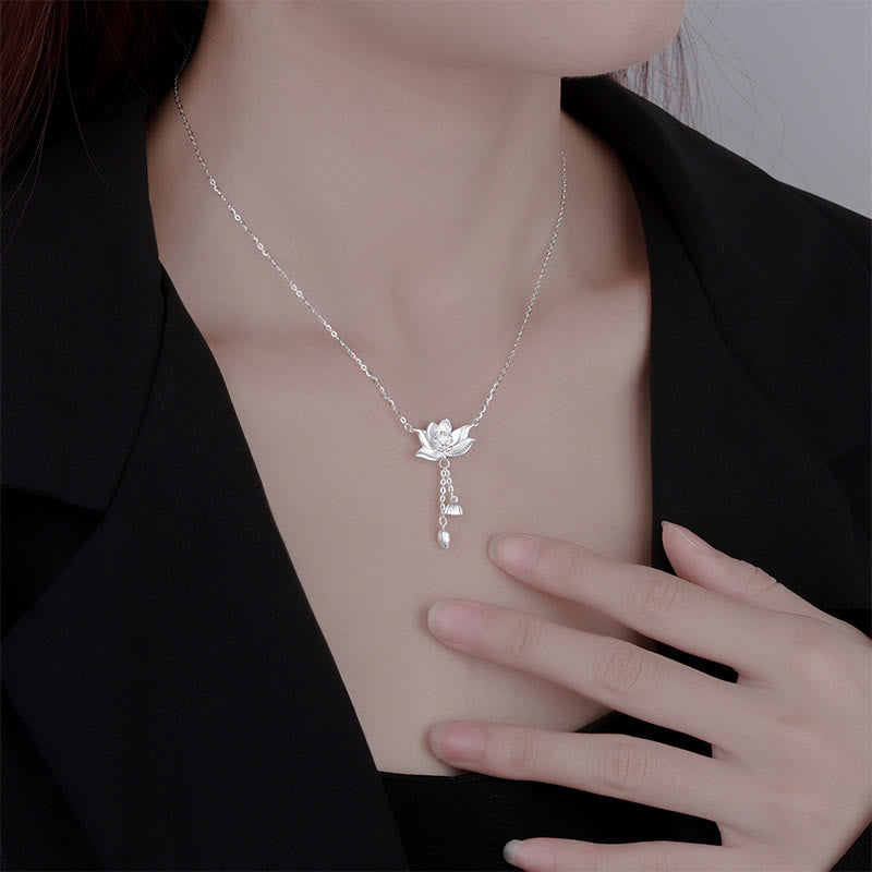 Fortune Jewel 999 Sterling Silver Lotus Flower Pod Carved Enlightenment Necklace Pendant Fortune Jewel
