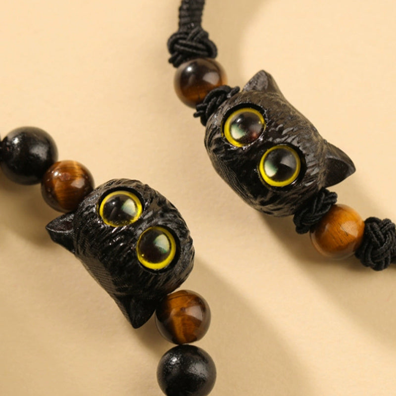 Fortune Jewel Cute Ebony Wood Cat Head Pattern Peace Bracelet