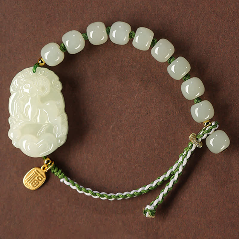 Fortune Jewel 925 Sterling Silver Chinese Zodiac Hetian Jade Happiness Luck String Bracelet