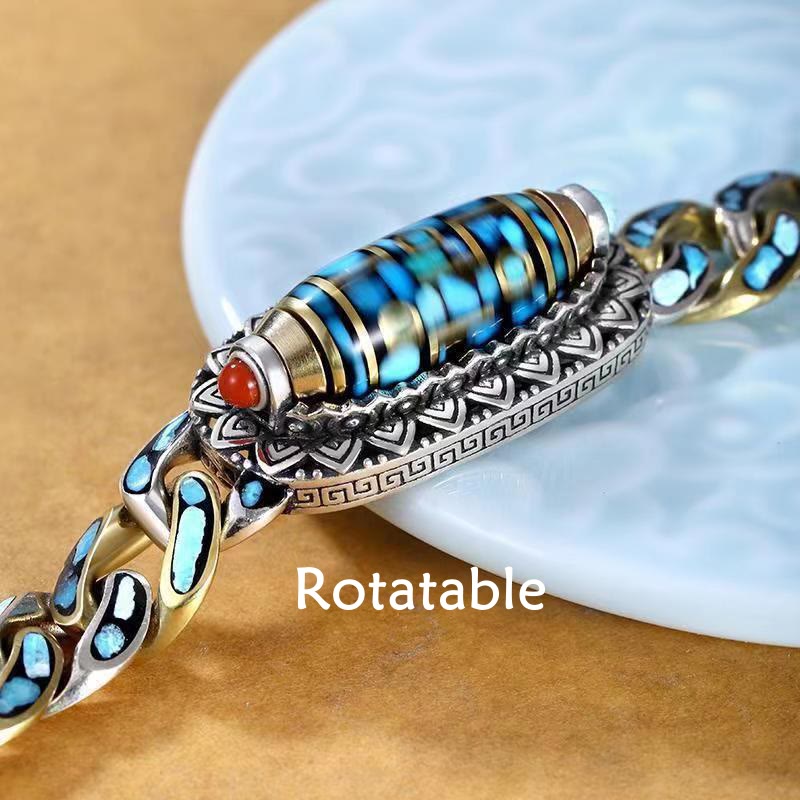Fortune Jewel Tibetan Nine-Eye Dzi Bead Om Mani Padme Hum Turquoise Protection Rotatable Bracelet