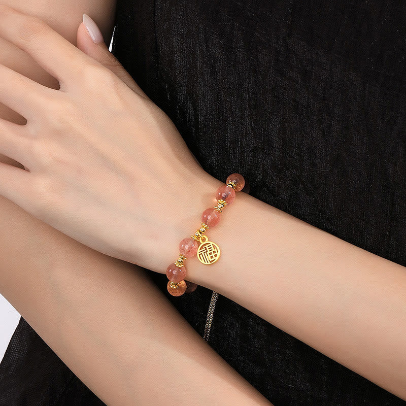 Fortune Jewel 14K Gold Plated Natural Strawberry Quartz Fu Character Positive Charm Bracelet