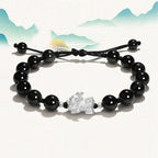 Fortune Jewel Natural Black Obsidian Cat's Eye Pink Crystal PiXiu Strength Bracelet