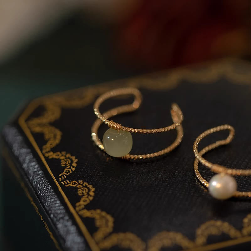 Fortune Jewel Round Jade Pearl Bead Double Layer Copper Luck Adjustable Ring