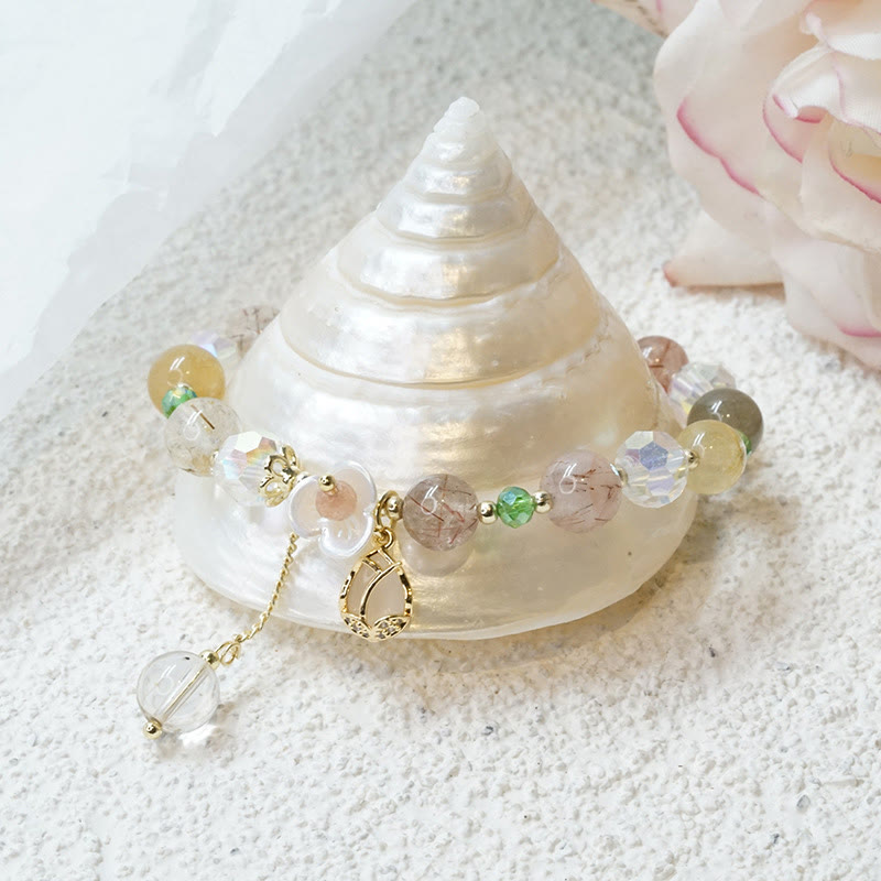 Fortune Jewel Strawberry Quartz Rutilated Quartz Fluorite Flower Healing Bracelet