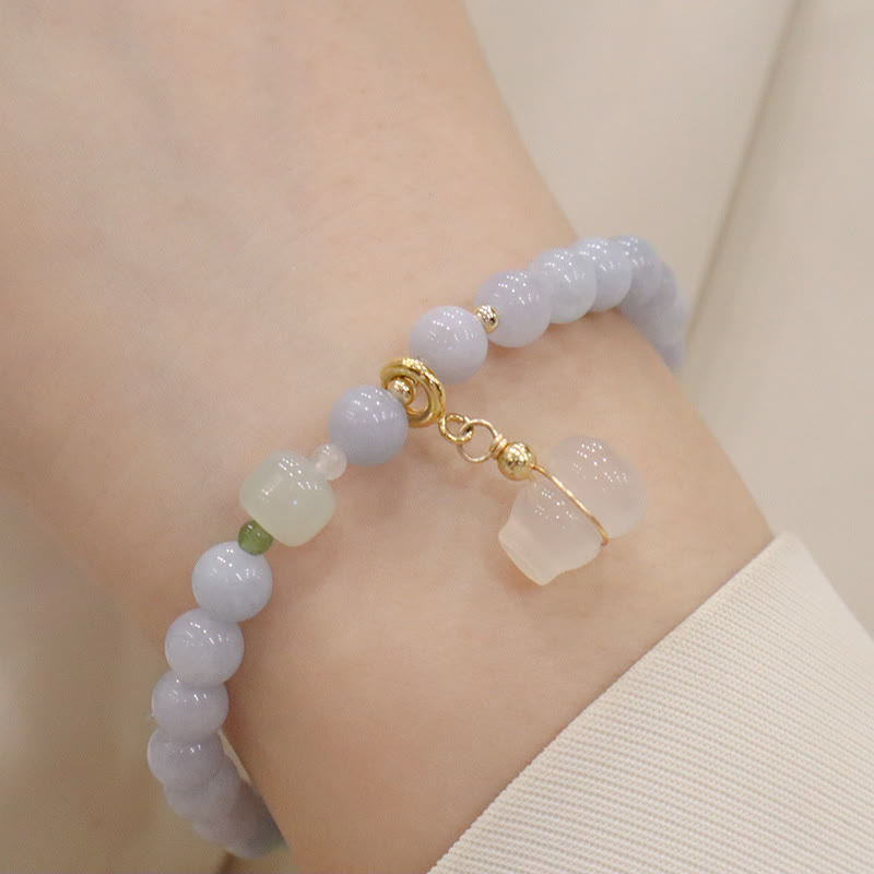 Fortune Jewel Natural Aquamarine Chalcedony Serenity Rabbit Gourd Cat Charm Bracelet