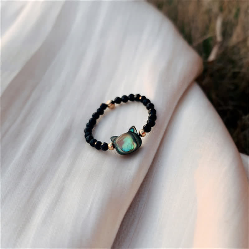 Fortune Jewel Natural Tridacna Stone Lovely Cat 14K Gold Plated Blessing Ring