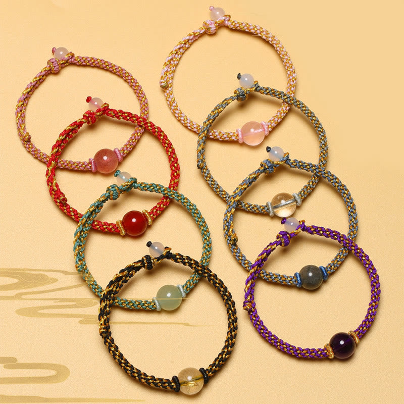 Fortune Jewel Handmade Red Agate Amethyst Golden Rutilated Quartz Pink Crystal Bead Calm Braided Bracelet