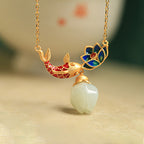 Fortune Jewel White Jade Koi Fish Lotus Copper Protection Necklace Pendant Fortune Jewel