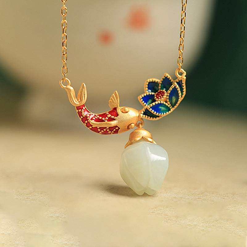 Fortune Jewel White Jade Koi Fish Lotus Copper Protection Necklace Pendant Fortune Jewel