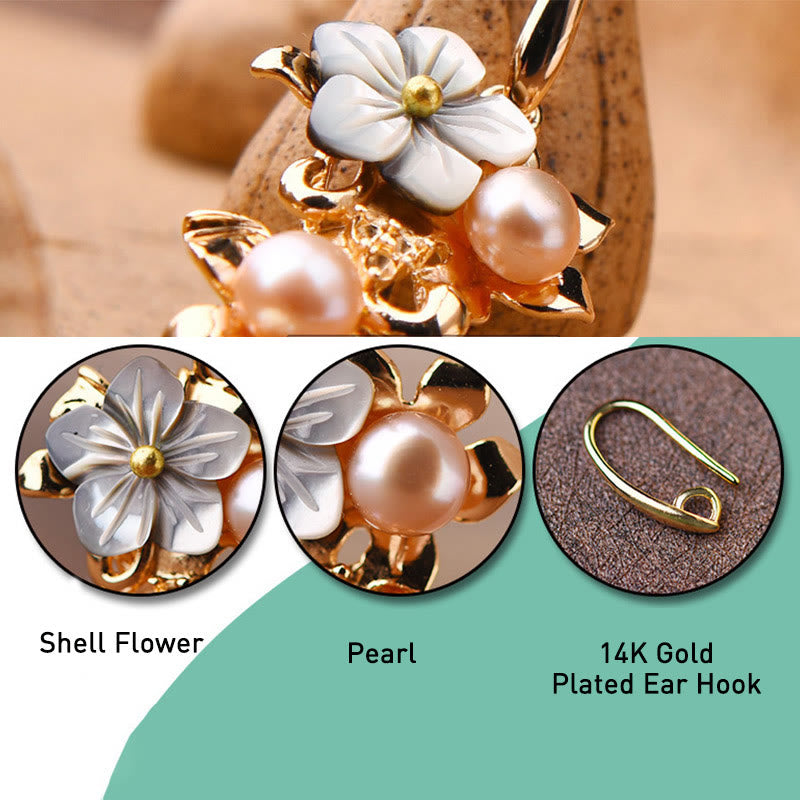 Fortune Jewel 14K Gold Plated Tridacna Stone Flower Pearl Green Aventurine Bead Drop Earrings