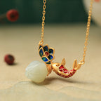 Fortune Jewel White Jade Koi Fish Lotus Copper Protection Necklace Pendant Fortune Jewel