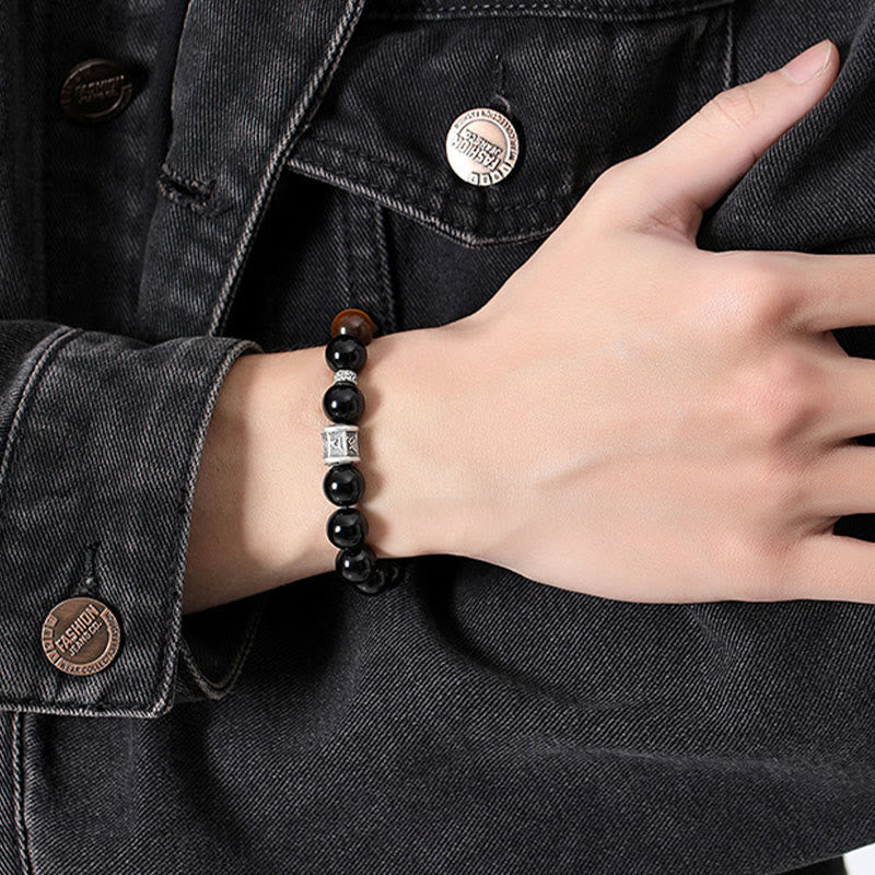 Fortune Jewel 999 Sterling Silver Black Obsidian Tiger Eye Om Mani Padme Hum Fulfillment Bracelet