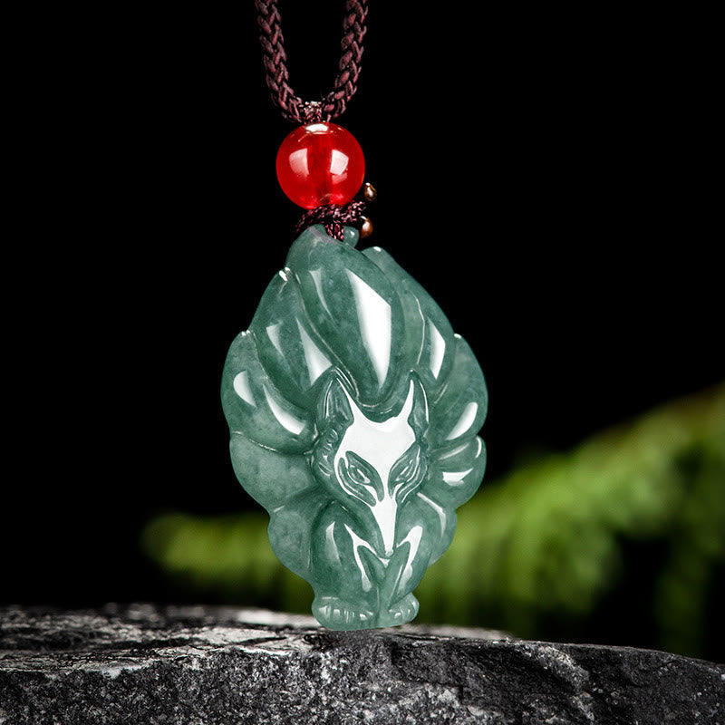 Fortune Jewel Natural Green Jade Nine Tailed Fox Luck Necklace Pendant
