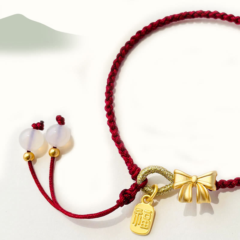 Fortune Jewel Handmade Peach Blossom Rosette Bow Knot Fu Character Charm Luck Fortune Red Rope Bracelet