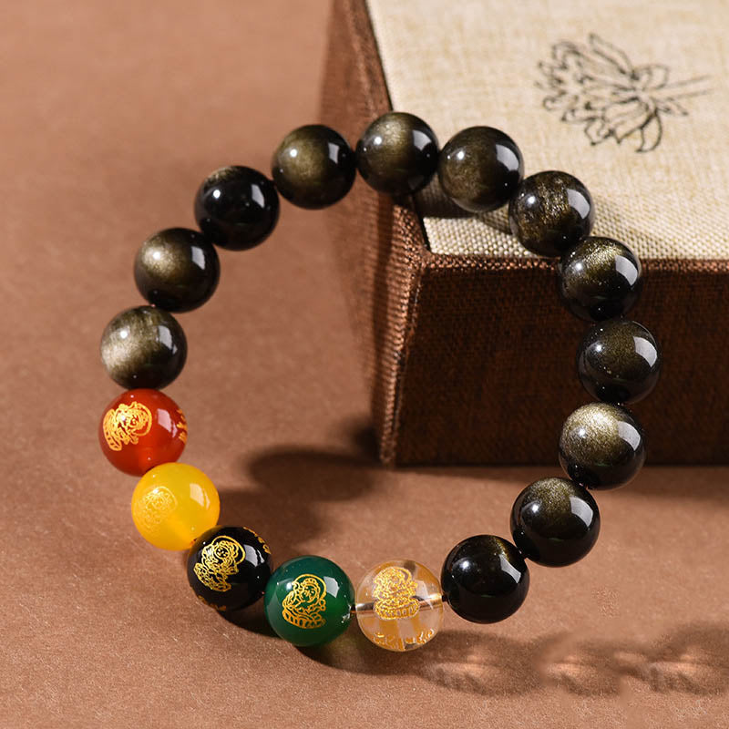 Fortune Jewel Gold Sheen Obsidian Rainbow Obsidian Black Obsidian Five Directions Gods of Wealth Bracelet