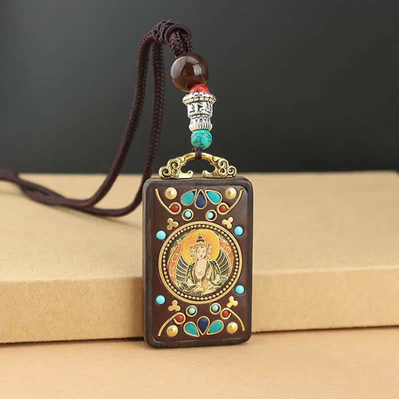Fortune Jewel Tibet God of Wealth Thangka Ebony Peace Necklace Pendant