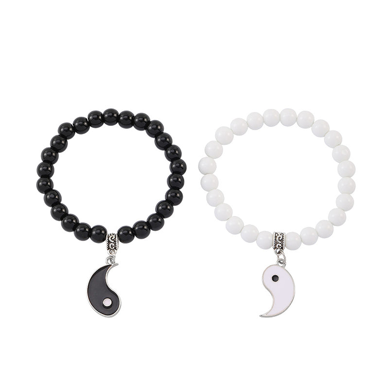 Fortune Jewel 2Pcs Black Onyx White Turquoise Bead Yin Yang Protection Couple Bracelet