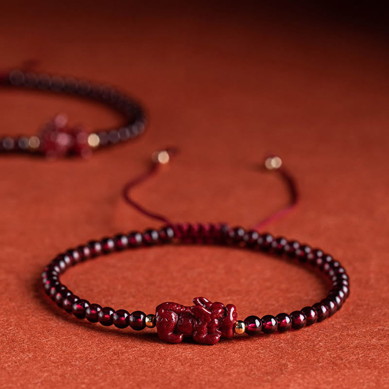 Fortune Jewel Garnet Cinnabar PiXiu Blessing Calm String Bracelet