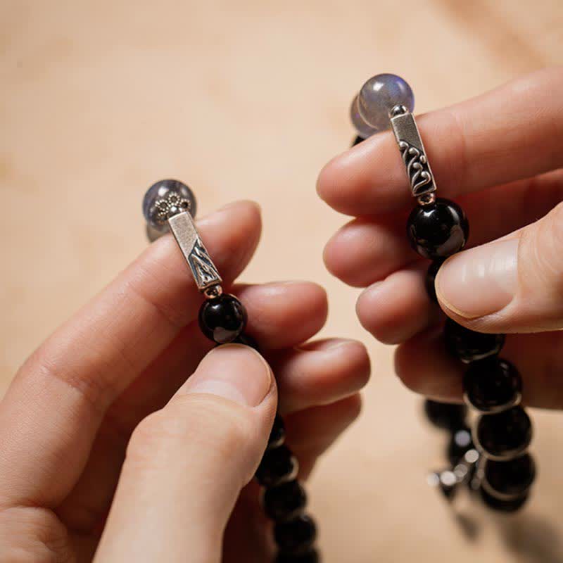 Fortune Jewel 925 Sterling Silver Obsidian Moonstone Strength Couple Bracelet