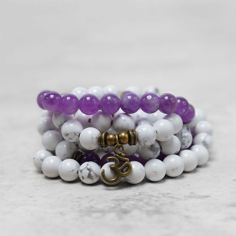 Fortune Jewel 108 Mala Beads Amethyst White Turquoise OM Healing Meditation Energy Bracelet