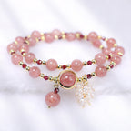 Fortune Jewel Natural Strawberry Quartz Love Healing Maple Leaf Charm Double Wrap Bracelet
